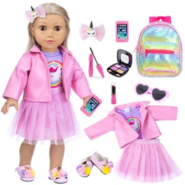 ZNTWEI American 18 Inch Doll Makeup Accessories and Clothes Sunglasses Phone Eye Shadow Lipstick Blusher Hair Clip Backpack Doll Clothes and Shoes Makeup Play Set Gifts ( No Doll )