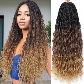 Miuric Boho Box Braids Crochet Hair or Black Women 18 Inch 7 Packs Goddess Box Braids Crochet Hair with Curly Ends Pre Looped Ombre Brown Bohomian Synthetic Crochet Braiding Hair Extensions,1b/30/27