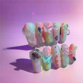 Nosacen 100% Handmade Nails,10 Pcs 3D Handmade Press On False Nails,Hand-painted Artificial Nails With Glue for Women and Girls Easy DIY Nail Art at Home Application (#8008-M)