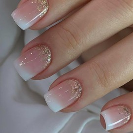 Short French Tip Press on Nails Square Shape Fake Nails Gradient Pink White Acrylic Glue on Nails with Glitter Designs Full Cover Artificial Nails Reusable Stick on Nails for Women DIY Manicure 24Pcs