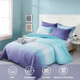Galaxy Star Duvet Cover Blue and Purple Bedding Set Gradient Color Duvet Cover Pillowcase with Zipper Closure for Kids Girls Teens Adults (Single Size 135x200cm)