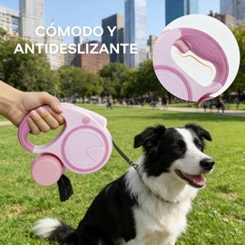 Correa Retráctil para Perros, Mascotas Retráctil para Perro con Tiras Reflectantes, 5M Correa para Pasear Perros 1 Roll Bolsas de Basura y Dispensador de Bolsas (Rosa)