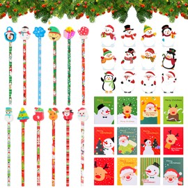 36 Pieces School HB Pens Set, Christmas HB Pencils with Eraser, Notebook and Sticky Notes Christmas, Mini Notepad Christmas, Pencils Stationery Set, School Office Family Party Bag (B)