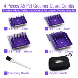 4 Sizes Professional Animal Hair Clipper Replacement Attachment Guard Guide Combs 1/8" 1/4" 3/8" 1/2" Compatible with Oster A5 Style Classic 76 Andis AG, BG Wahl KM Series Pet Clippers (Purple)