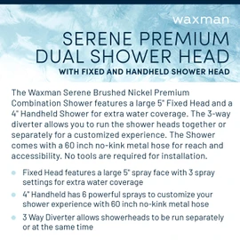 Waxman Serene Premium Fixed Shower Head with Handheld Attachment and 6 Spray Settings, Brushed Nickel