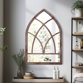 Sintosin Farmhouse Arched Window Mirror Wall Decor 16 X 24 Inch, Hanging Distressed White Rustic Cathedral Window Pane Mirror Wall Decor for Living Room, Wood Decorative Mirrors for Entryway