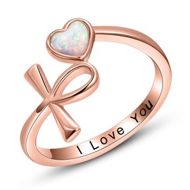 Dreamboat Ankh Heart Rings for Women 925 Sterling Silver Rose Gold Plated Opal Heart Band Ring Egyptian Jewelry Birthday Party Gifts