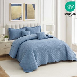 CHIXIN Botanical Oversized Bedspread Queen Size - Leaves Pattern Stitching Quilt Set - Elegant & Fresh Style Bedding Coverlets, Reversible, Lightweight, 5 Piece, Smokey Blue
