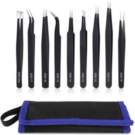 9PCS Precision Tweezers Set, Black Upgraded Anti-Static Stainless Steel Curved of Precision Tweezers, for Electronics, Laboratory Work, Jewelry-Making, Craft, Soldering, etc