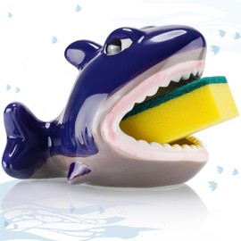 NiHome Fun Shark-Shaped Ceramic Sponge Holder with Open Mouth for Kitchen and Bathroom, Durable Waterproof Ceramic for Sponges, Soap, Accessories, Easy-to-Clean Sink Organizer and Hygienic Storage