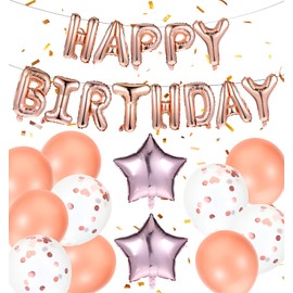 Happy Birthday Balloons, Birthday Decoration Women Rose Gold & Heart Foil Balloons, 25 cm Letter Banner for Children & Adults, Includes String & Easy to Fill