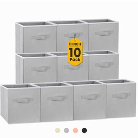 Storage Cubes, 11 Inch Cube Storage Bins (Set of 10), Fabric Collapsible Storage Bins with Dual Handles, Foldable Cube Baskets for Shelf, Closet Organizers and Storage Box (Grey)