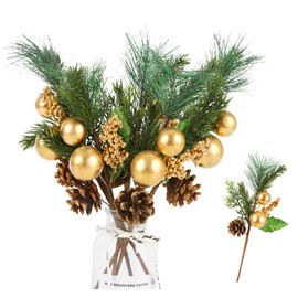 6 Pack Berries Pine Artificial Christmas Picks Faux Stems Gold Berry Pine Branches with Real Pine Cones Matte Balls for Xmas Tree Wreath DIY Craft Floral Arrangement Winter Holiday Decor (Gold)