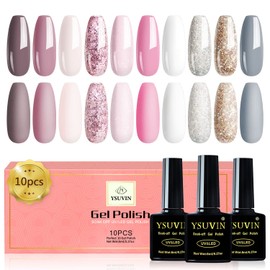 Yueshop Gel Nail Polishes Set- 10 Pack Gel Nail Kit Nude Pink Glitter Gel Polish Set Soak Off UV LED Nail Gel Manicure Kit Cured Gel Needed DIY Home Salon Nail Art