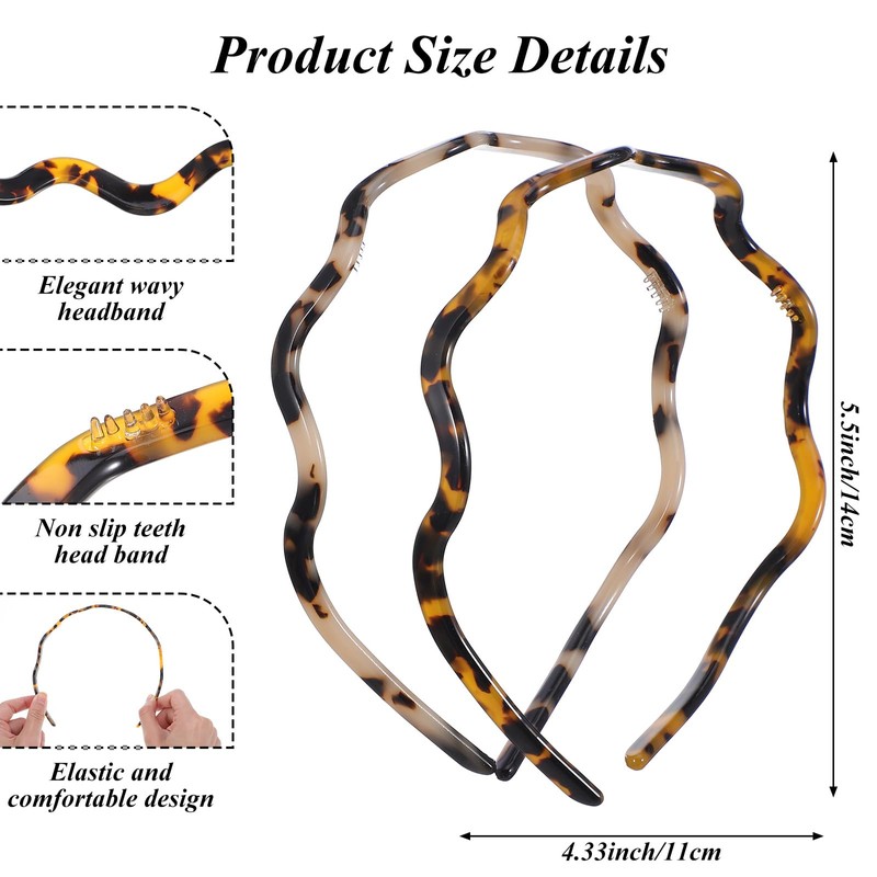 2PCS Wavy Headband Acetate Non-slip Thin Headbands with Teeth