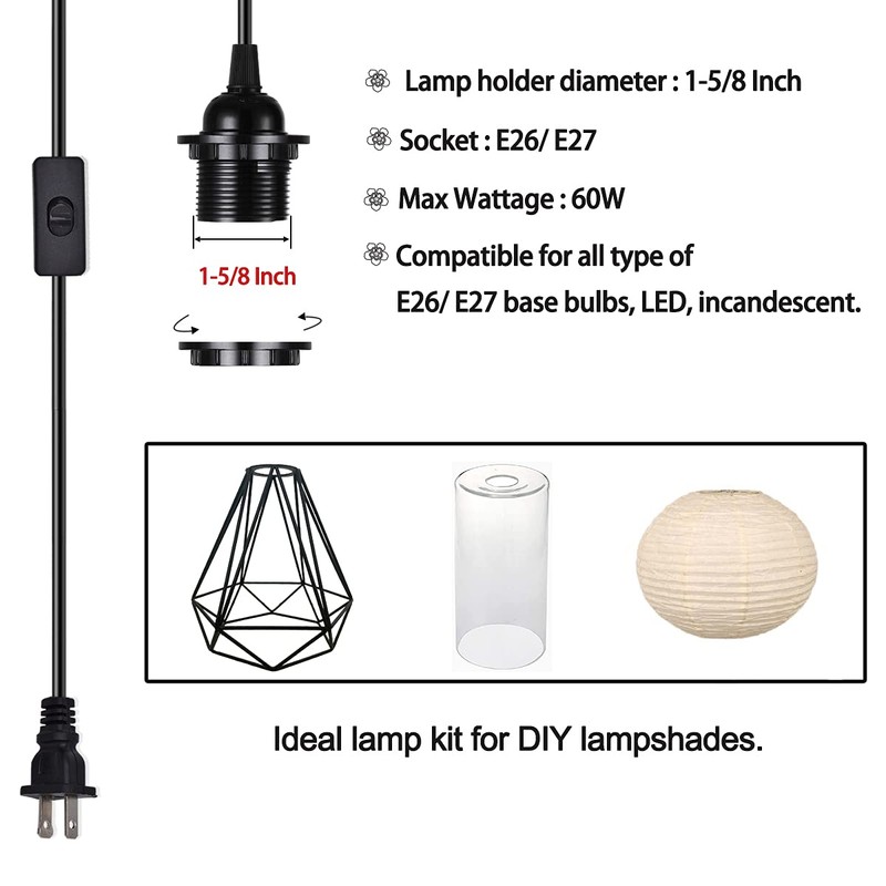 HESSION 2-Pack 15 Feet Plug in Pendant Light, Black Extension