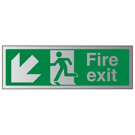 V Safety Fire Exit-Fire Exit Arrow Down Left Sign - 300mm x 100mm - 3mm Brushed Alu Comp