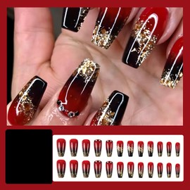 RIICFDD Medium Length Press on Nails Coffin Fake Nails Luxury False Nails with Black Red Gradient Designs Glue on Nails Full Cover Gold Glitter Acrylic Nails for Women Nail Decor 24 Pcs