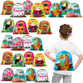 24 Pcs Hawaiian Party Favor Bags for Kids Hawaii Gift Bag Hawaii Aloha Drawstring Bags Tropical Goodie Bags Tiki Bag for Birthday Bridal Shower Summer Beach Pool Luau Backpack, 11.81 x 9.84 Inch