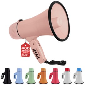 Pyle 20W Megaphone Bullhorn - Portable, Automatic Siren & Adjustable Volume,Projection Range Up to 400 Square Yards, Aux Input, Talk, Siren, Music, Whistle, & Record, Shoulder Strap (Pink)