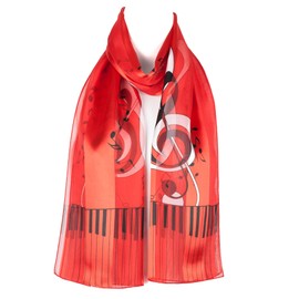 Hat To Socks Musical Notes Piano Keyboard Print Chiffon Satin Scarf (Red)