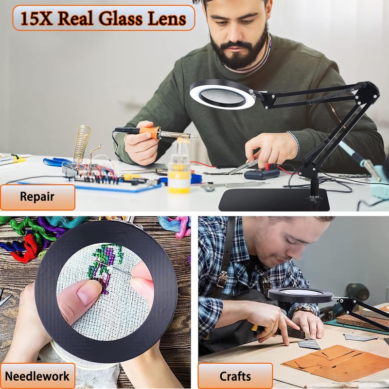 15X Magnifying Glass Lamp with Clamp and Stand, 72 LEDs