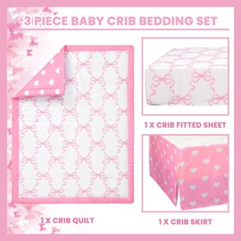 Hahafelt 3 Pcs Baby Girls Crib Bedding Set Coquette Pink Bow Baby Bedding Set for Girls Coquettish Pink Heart Bow Infant Nursery Includes Quilt, Fitted Crib Sheet and Skirt