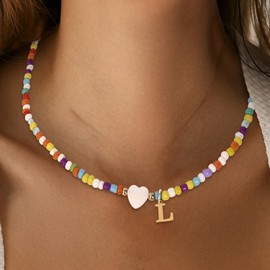 CENCERY Girls Colorful Heart Shape Letters Shell Necklaces Letter Shells Beads Necklaces, Stainless Steel, No Gemstone