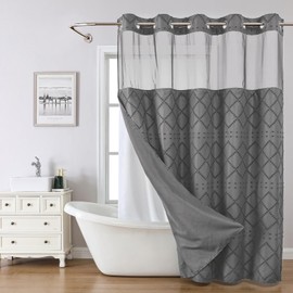 eachope Charcoal Grey No Hook Shower Curtain and Fabric Liner Set, Boho Tufted Chevron Striped and Shabby Chic Textured Shower Curtain with a See-Through Top Window, Hotel Décor, 71" W x 74" H