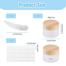 12 Pcs Glass Cosmetic Containers with Lids, 1.7oz Small Travel Jars, Refillable Empty Makeup Sample Jar with 12 Spatulas and 32 Labels, Round Frosted Glass Bottle for Cream Lotions Lip Balm Eyeshadow