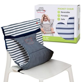 BabyToLove Pocket Seat | Compact Portable High Chair for Travel, Dining & More | Secure & Washable Toddler Seat with Harness | Fits Most Chairs | Lightweight Foldable | Denim