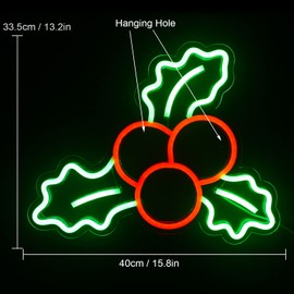 FAXFSIGN Holly Berries Neon Sign Christmas Neon Signs for Wall Decor Red Berry with Green Leaves Light Up Signs for Bedroom Home Christmas Wedding Party Holiday Decorations Gifts