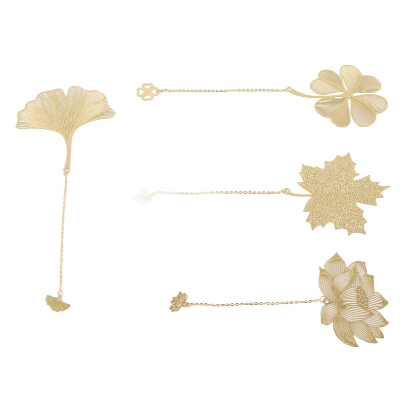 4pcs Metal Bookmarks with Chain Four Patterns Hollow Thin Golden