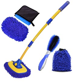 BMLEI Car Wash Brush with Long Handle, Chenille Microfiber Car Wash Mop Mitt with 1 Replacement Head, Car Wash Wheel Brush Extension Pole Car Brush Cleaning Kit Car Wash Towels for Cars Trucks 5PCS
