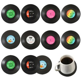 Zasiene Vinyl Record Coasters 12 Pieces Retro CD Record Coasters Retro CD Record Coffee Cup Mat Retro Vinyl Record Coasters Non-Slip Vinyl Coasters