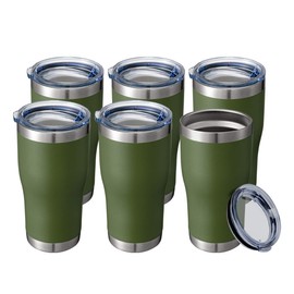 20 oz 6 Packs Wholesale in Bulk Insulated Stainless Steel Tumblers Reusable Coffee Travel Mugs with Lid Hot n Iced Cups, Double Wall Blank Vacuum Metal Thermal Women Men (Half A Dozen, Army Green)
