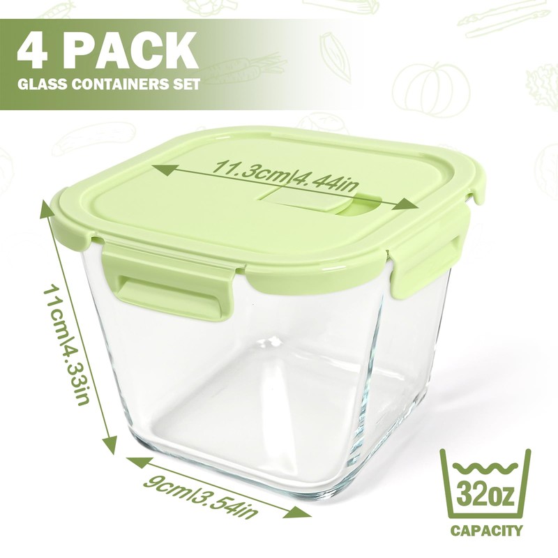 Glass Soup Containers with lids 4 Cup, 32 oz Glass