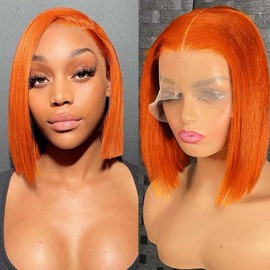 Superfect Bob Wig Human Hair 13x4 Frontal Lace Wig Ginger Lace Front Wigs Human Hair Pre Plucked Short Orange Colored Hd Transparent Human Hair Wigs For Black Women (10 Inch, Ginger Orange)