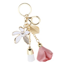 Be In Your Mind Flower Pendant Keychain Tassel Leaf Key Ring Rhinestone Charm Key Fob Handbag Ornament Key Decoration Gift for Women Girls Zinc Alloy Pink-gold