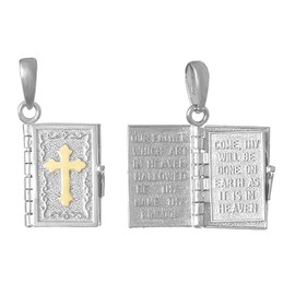 925 Sterling Silver Religious Pendant, 3-D Bible Book,14k Gold Cross Cover & Lord's Prayer Inside
