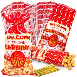 YIMITEE 300 Pack Carnival Treat Bags with Tie, 10.8" x 5" Plastic Circus Red White Stripe Gift Bags, Goodie Storage Bag for Birthday Baby Shower Party Favor Supply Candy Cookie Cupcake Carnival Decor