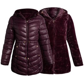 Jessica Simpson Womens Puffer Jacket - Faux Fur Lined Long Coat Winter - Insulated Reversible Hooded Winter Jacket for Women, Size Medium, Merlot
