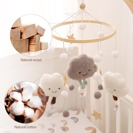 Promise Babe Mobile Baby Wind Chimes with Felt Balls Clouds Stars Mobile Baby Room Wood Crocheted Mobile Baby Boys Girls Bed Bell Pendant for Hanging Baby Bed Cot Changing Table Decoration Grey