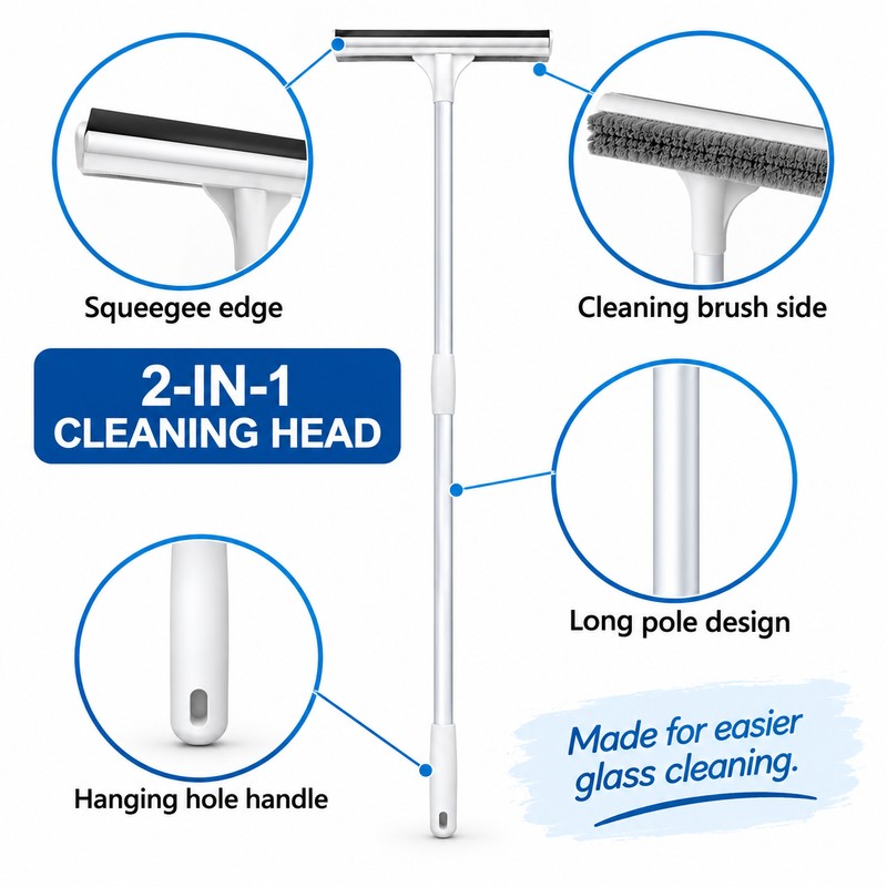 2-in-1 Window Squeegee for Glass Cleaning – Retractable Pole with
