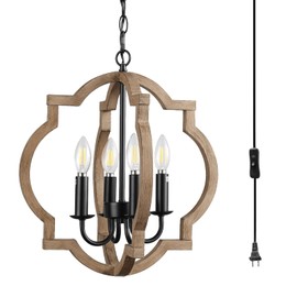 Plug in Chandelier with 16.4ft Cord,On/Off Switch,4-Light,Wood Color,Orb Wood Farmhouse Light fixtures,Outdoor Chandelier for Gazebo, Kitchen Island Dinning Foyer Entryway