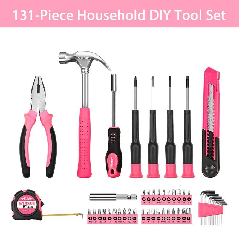 Elevon 131-Piece Pink Tool Set, Self-Use Tool Set with Storage