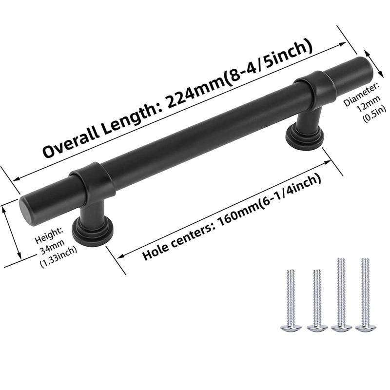 LONTAN 5 Kitchen Door Handles 160mm Black Cupboard Handles Black