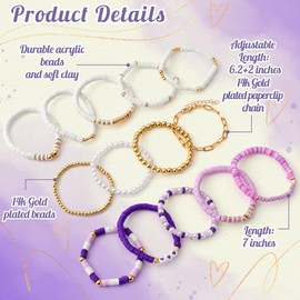 Y1tvei Purple White Bead Bracelets - 14Pcs Purple White Clay Bead Surfer Bracelet Set Stackable Gold Plated Bead Stretch Bracelet Layering Summer Beach Jewelry Friendship Bracelet Gift for Women Girls