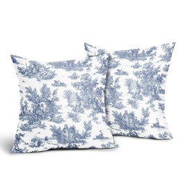 aportt French Country Pillow Covers Set of 2 18x18 Inch Vintage Toile Blue White Cotton Linen Polyester Decorative Throw Pillow Case Cushion Cover for Bedroom Sofa Living Room Couch Chair Office