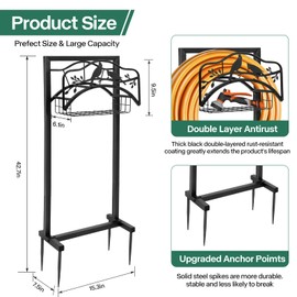 Vcaleets Garden Hose Holder With 4 Spikes, Freestanding Metal Hose Reel for Outside Garden, Detachable Water Hose Hanger Organizer for Yard Lawn
